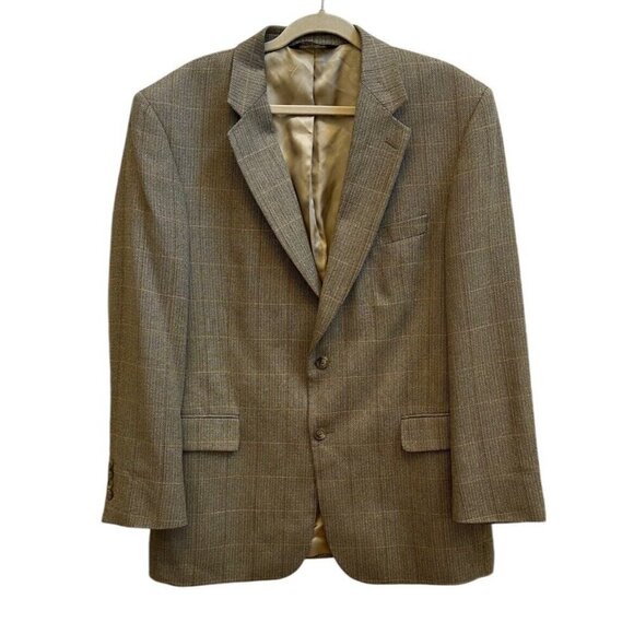 Jos A Bank Sport Coat Blazer Mens 43R Brown Tan Herringbone Windowpane Wool Silk - Picture 1 of 11